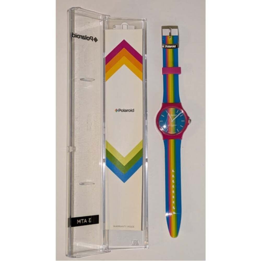 Rare Polaroid Colorful Rainbow Watch Blue & Rainbow Band Pink Bezel ~ 3 ATM NEW
